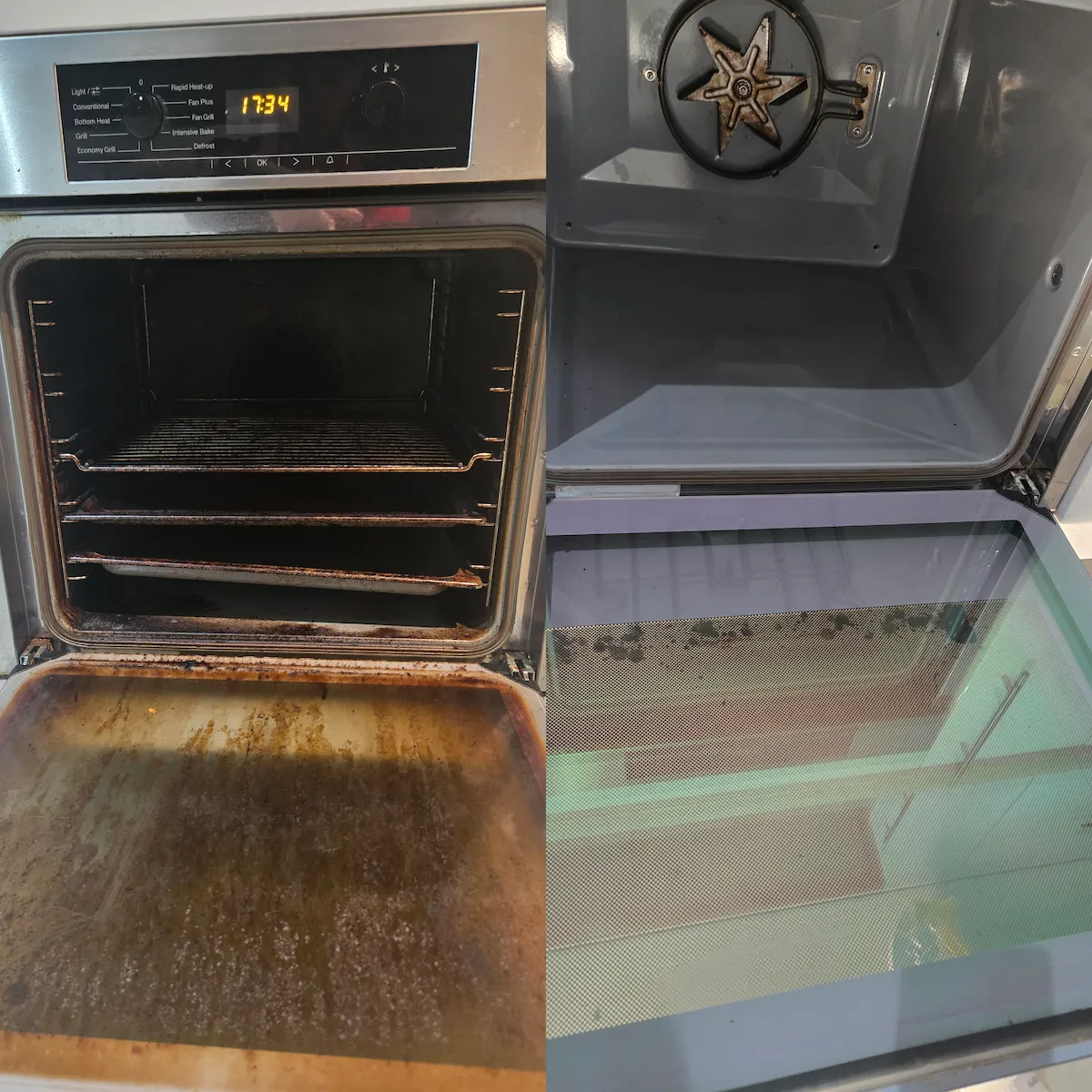 Oven interior before and after a thorough clean